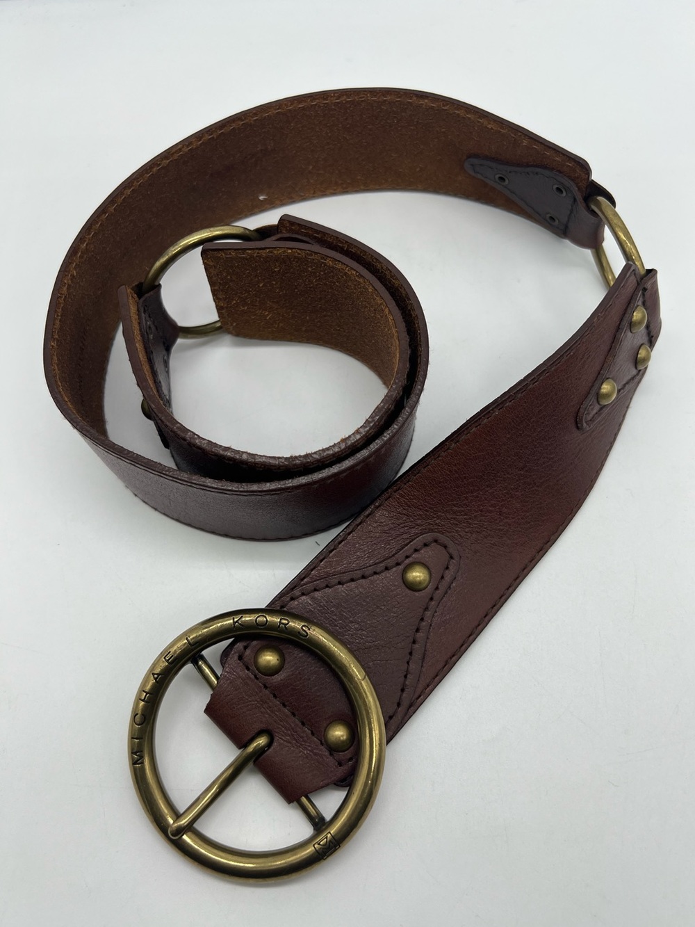 MICHAEL KORS Y2K Boho Festival Studded Brown Leather Thick Waist Belt sz M